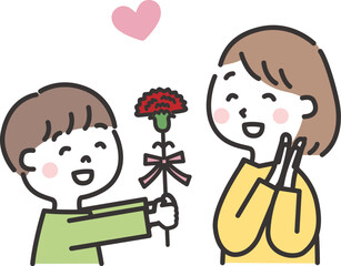 カーネーションをお母さんに渡す男の子　母の日のイラスト