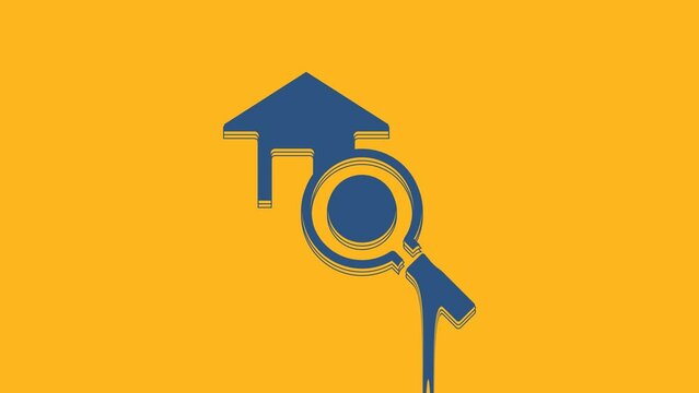 Blue Search house icon isolated on orange background. Real estate symbol of a house under magnifying glass. 4K Video motion graphic animation