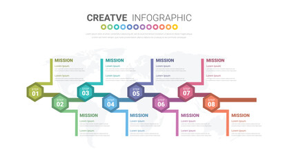 Naklejka premium Abstract business rounded infographic template with 8 options. Colorful diagram, timeline.