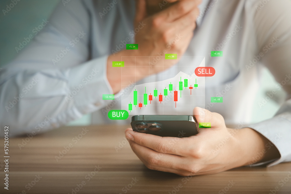 Poster businessman or stock trader analyzing candlestick graph pattern on smartphone. finance, investment a