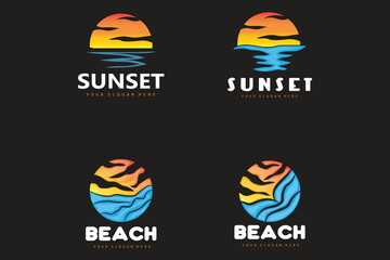 Sunset Logo, Beach Design, River And Sun Illustration, Vector Enjoying The Twilight