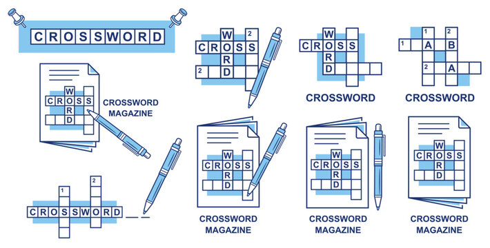 Crossword puzzle magazine, solve cross word in newspaper with writing pen line icon set. Logical leisure game. Search answer to question. Grid squares for text. Riddle, brain exercise book page vector