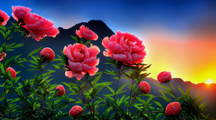 Red buds of long-leaved peony flowers bloom in the glow of the sunset against the black silhouette of the mountains. Generative AI, Generative, AI