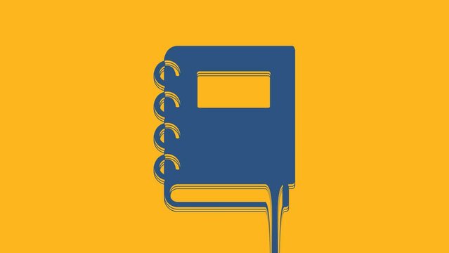 Blue Notebook icon isolated on orange background. Spiral notepad icon. School notebook. Writing pad. Diary for school. 4K Video motion graphic animation