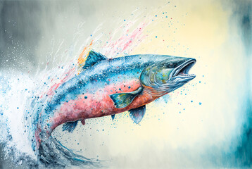 Salmon fish jumping and splashing in water. Generative AI