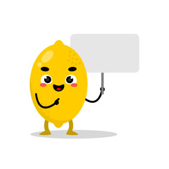 happy lemon mascot holding banner