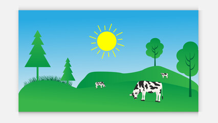 Green landscape. Freehand drawn cartoon outdoors style.beef milk cow in farm in wild nature with mountain, fields, trees. wild nature with mountain .