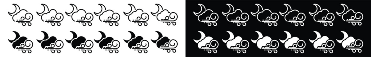 Windy night weather icon set. Strong wind night weather icon. Cloud, moon, and wind symbol in line and flat style for apps and websites, vector illustration