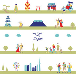 日本観光を楽しむ外国人　シームレス背景