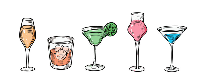 Set cocktails hand drawn doodle colorful vector art illustration.
