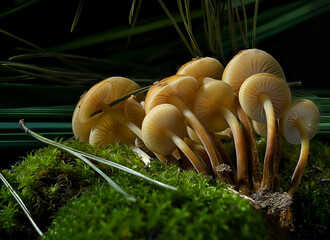forest mushrooms lie on the moss on a dark background. super macro