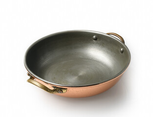 vintage copper frying pan isolated on white background.