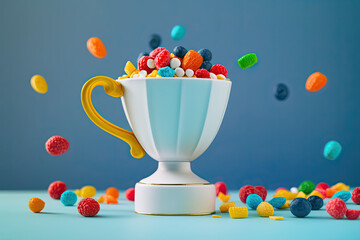 Fototapeta na wymiar white loving cup trophy filled with colorful fruit cereal on a blue background generative ai
