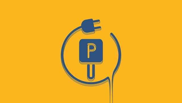 Blue Charging parking electric car icon isolated on orange background. 4K Video motion graphic animation