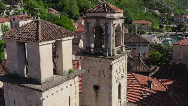 Aerial view Twin Towers Of St Tryphon Church in Kotor old town