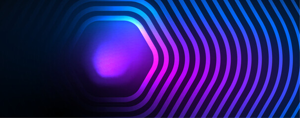Neon shiny hexagons abstract background, technology energy space light concept, abstract background wallpaper desig