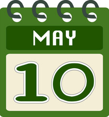 Flat icon calendar 10 of May. Date, day and month. PNG illustration. Green color banner.