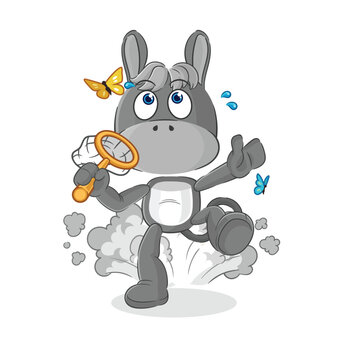 donkey catch butterfly illustration. character vector