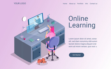 Fototapeta premium Modern Web and mobile graphic vector illustration of child is studying at home and sitting on chair at table using online education media with digital learning objects