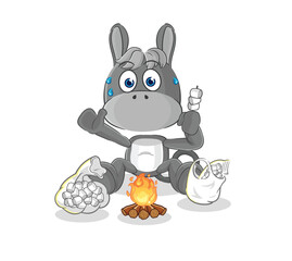 donkey roasting marshmallows. cartoon mascot vector