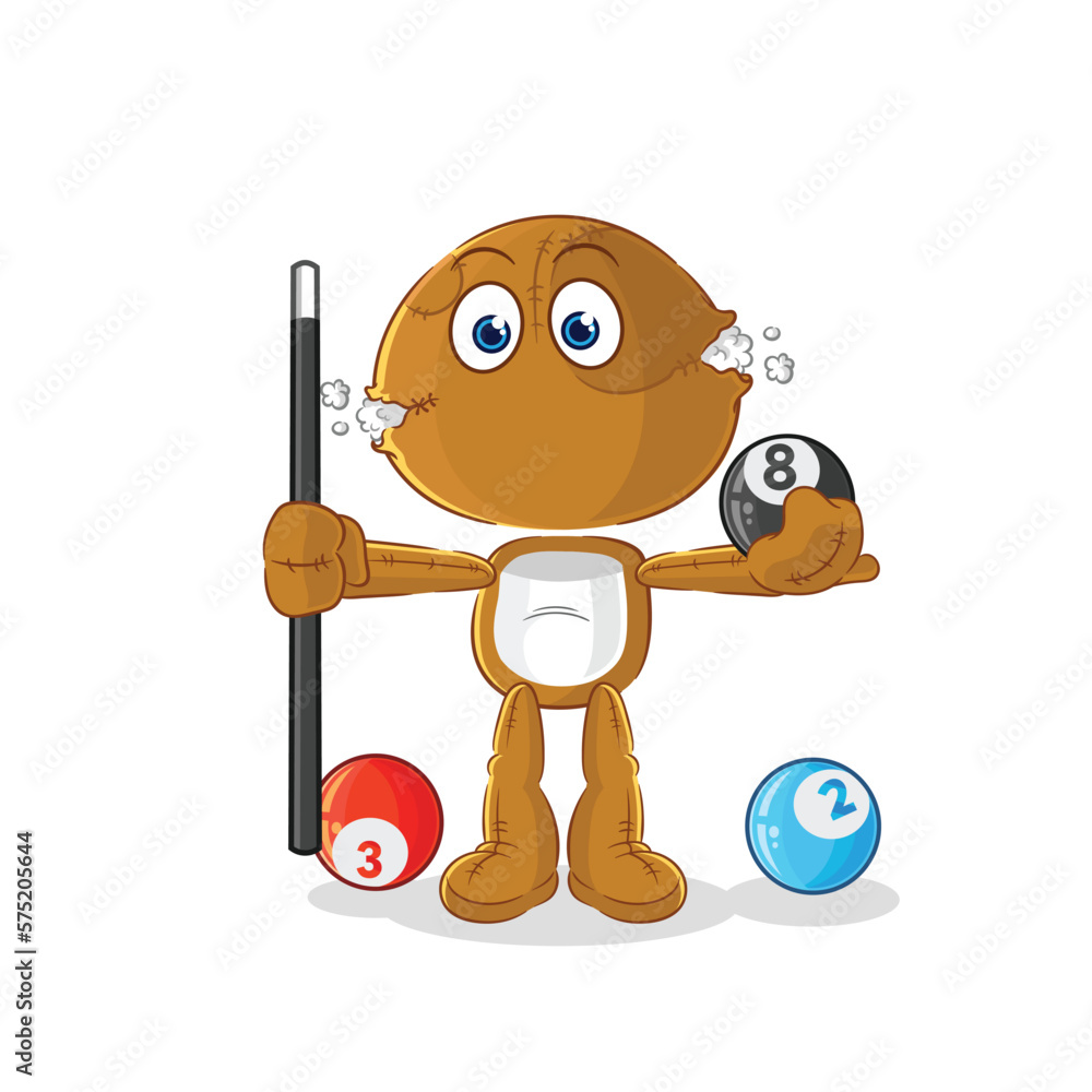 Wall mural sack doll plays billiard character. cartoon mascot vector