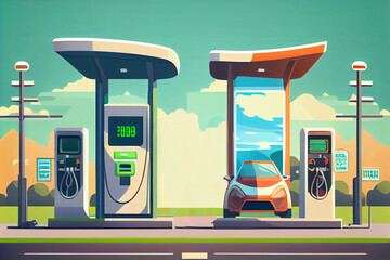 Electric vehicle charging stations for electric cars and charging stations for electric cars of gas station. Comparing electric versus gasoline station with Generative AI technology