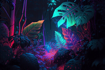 Fototapeta na wymiar Jungle in neon colors. Generative AI.