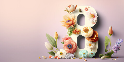 Fototapeta na wymiar Illustration of number 8 and floral decoration for background and banner for 8th march women's day with copy space
