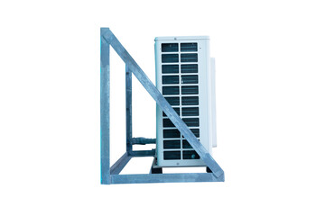 Structure big air conditioner compressor source heat pumps. Cooling in home, office and various places hot weather. Isolated on cutout PNG. Steel for supporting large air attached to wall.