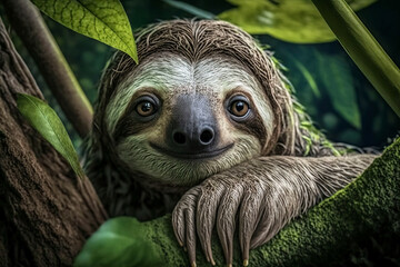Fototapeta premium A cute sloth is hanging on a branch. Generative AI.