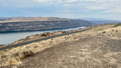 Scenic overlook of the Columbia River and Interstate highway I90 at Wild Horses Monument in Washington state.