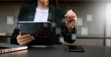 Financial report data of business operations balance sheet and income statement as Fintech concept. .