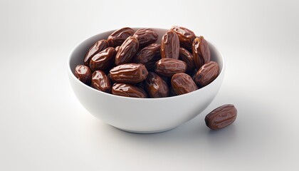 A potrait of pile dates on a bowl in a large plain  in isolate white background by ai generative