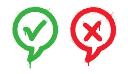 Spray Painted Graffiti Green tick check mark and cross mark icon Sprayed isolated with a white background. graffiti symbols YES and NO with over spray in black over white.