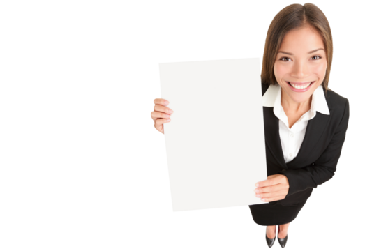 Business woman showing sign. Young Asian businesswoman in suit showing blank sign poster with copy space. Beautiful young female model isolated cutout PNG on transparent background in full length.