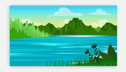 Fototapeta premium Nature scene with trees , blue sky ,hill, river. A beautiful lake landscape. Flat vector countryside cartoon style illustration of nature landscape with trees and mountain above river.