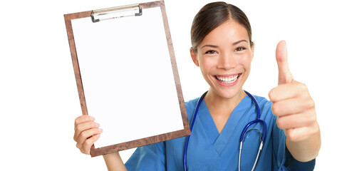 Nurse showing blank clipboard sign smiling giving thumbs up success sign wearing stethoscope and...