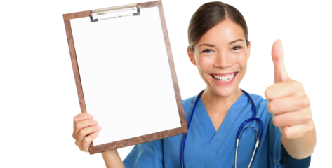Nurse showing blank clipboard sign smiling giving thumbs up success sign wearing stethoscope and scrubs. Asian Caucasian female nurse or young doctor isolated cutout PNG on transparent background.