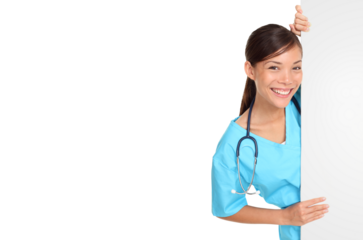 Nurse showing sign billboard blank with copy space. Woman medical professional in scrubs wearing stethoscope smiling friendly isolated cutout PNG on transparent background.