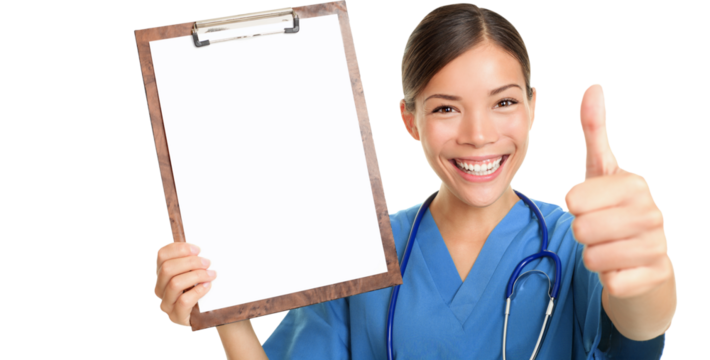 Nurse showing blank clipboard sign smiling giving thumbs up success sign wearing stethoscope and scrubs. Asian Caucasian female nurse or young doctor isolated cutout PNG on transparent background. - Powered by Adobe