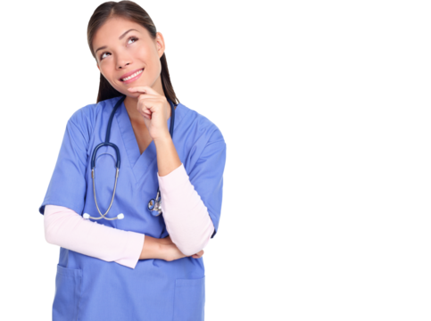 Thinking nurse or medical professional in blue scrubs pondering looking up to the side isolated cutout PNG on transparent background. Woman model in her twenties.