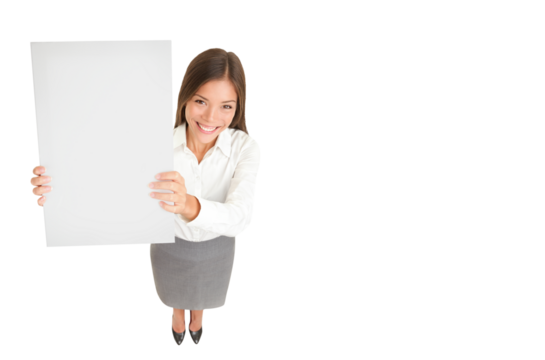 Businesswoman banner. High angle full length portrait of beautiful smiling Asian businesswoman holding up a blank sign with copyspace for advertisement isolated cutout PNG on transparent background.
