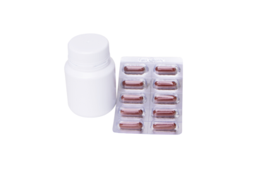 Drug capsule. Medicine is a capsule  brown that is placed in a panel and white plastic bottle. Strengthens immune system. Body's immune response after the vaccine is good. Isolated on cutout PNG.