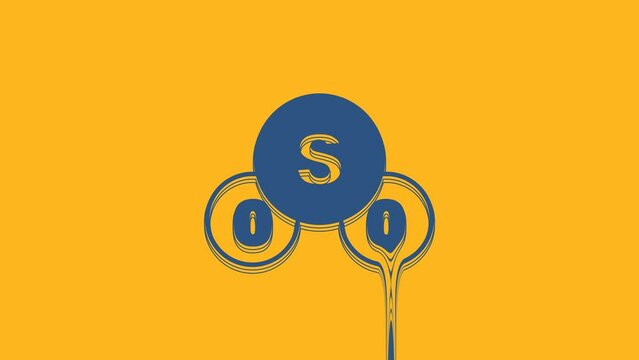 Blue Sulfur dioxide SO2 gas molecule icon isolated on orange background. Structural chemical formula and molecule model. 4K Video motion graphic animation