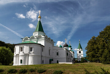 Pechersky Ascension Monastery. In the foreground is the Church of the Assumption of the Mother of God at the refectory. Nizhny Novgorod, Russia