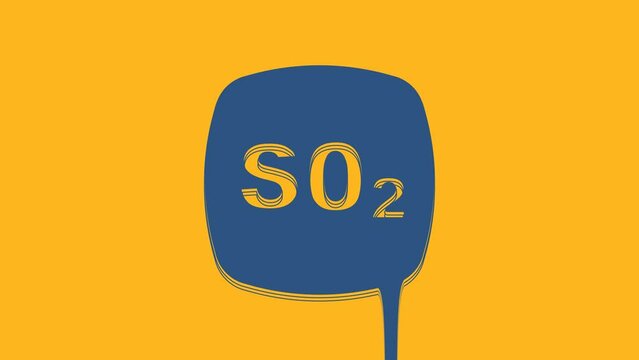 Blue Sulfur dioxide SO2 gas molecule icon isolated on orange background. Structural chemical formula and molecule model. 4K Video motion graphic animation
