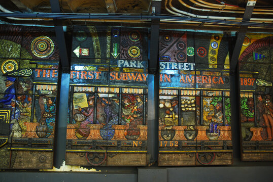 A mosaic mural inside the Boston T line Park Street station celebrates the train being the first subway system in America