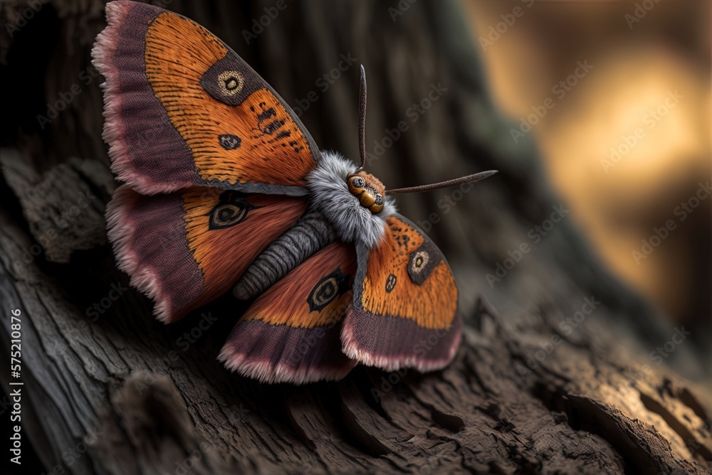 Poster image of a male fox moth perched on a tree trunk in close up generative ai