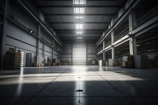 Spacious, fully stocked warehouse with nobody inside, large interior with lots of windows and natural lights, boxes of inventory, depicting supply chain