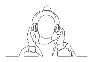 continuous line drawing of woman listening music in headphones
